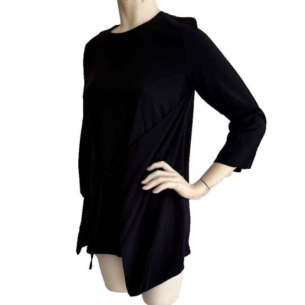 COS Top Black Viscose Tunic Layered Tie Front 3/4 Sleeve Blouse Size 34